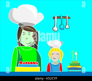 Illustration of mom and daughter making cakes Stock Photo