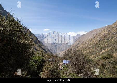 View looking down from Dead Woman's Pass on the Inca Trail in the Sacred Valley of Peru Stock Photo