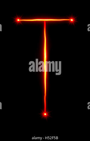 red thin light painting letter T on black background Stock Photo