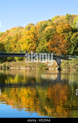 Autumn foliage colour, reflected in the river Wear, at Baths Bridge,  Durham City, Co. Durham, England, UK