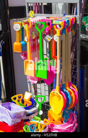 Beach bucket and spade toys on sale at a kiosk at Fairhaven lake, Lytham, Lancashire. Stock Photo