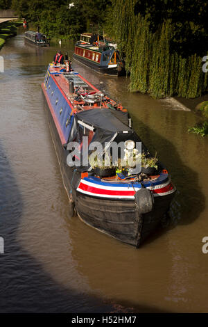 UK, England, Cheshire, Beeston Brook, narrowboats on Shropshire Union Canal below Beeston Iron Lock Stock Photo