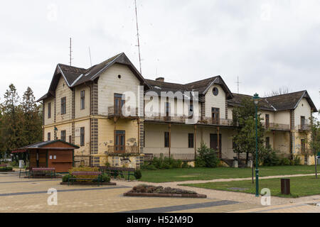 Abandoned hotel.  house. Derelict . Pimped . Old . Nobody wanted  . Beige color autumn. Stock Photo