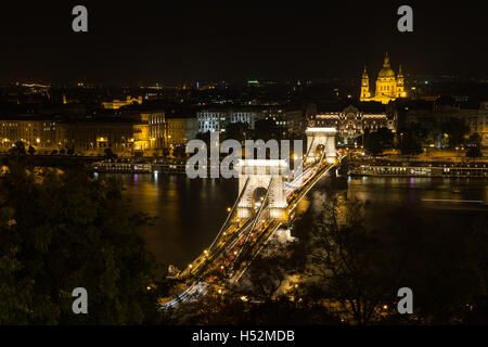 Szechenyi Bridge in Budapest Hungary. Beautiful  over the Danube. Best  in . Night view of Stock Photo