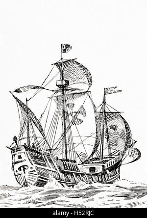 A 15th century carrack, a three masted sailing ship used in the time of Christopher Columbus. Stock Photo