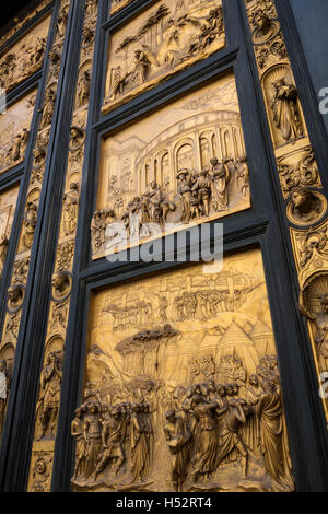 The East doors, or Gates of Paradise, by Lorenzo Ghiberti on the Baptistery near the Duomo in Florence, Italy. Stock Photo