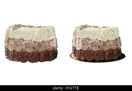 Birthday cake decorated with three chocolate cream roses. Stock Photo
