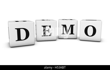 Demo word and sign on cubes 3D illustration on white background. Stock Photo