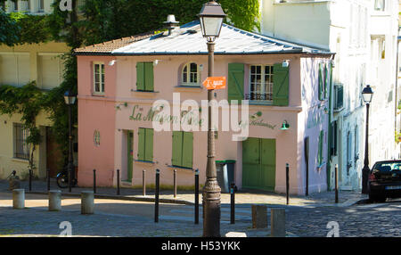 Paris, France-July 09, 2016: The traditionnal French restaurant La Maison Rose located in picturesque Montmartre district of Par Stock Photo
