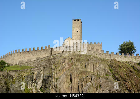 The Torre Bianca (White tower) of the Castelgrande in Bellinzona, Switzerland. A UNESCO World Heritage Site, seen from Piazza de Stock Photo