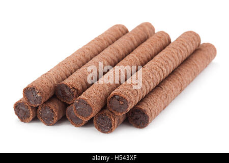 Round wafers sticks with chocolate stuffing isolated on white Stock Photo