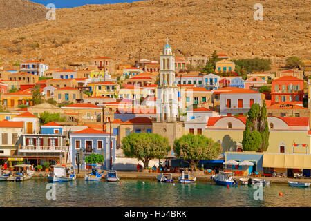 Chalki town on the Greek island of Chalki situated off the north coast of Rhodes in the Dodecanese Island group, Greece. Stock Photo