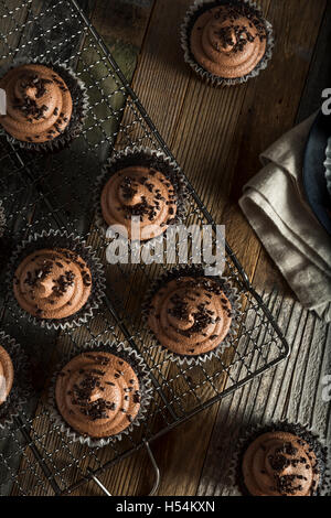 Homemade Sweet Chocolate Cupcakes with Dark Frosting on Top Stock Photo