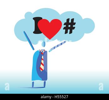 I Love Hashtags Concept Design. Man hold cloud and I love Hashtags sign on the Cloud. Stock Vector