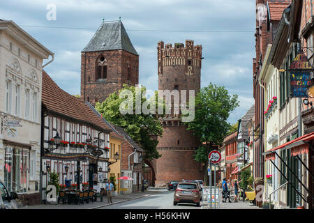 Old town, Long Street with Neustädter Tor, gate, and St. Nikolai, Hanseatic City Tangermünde, Saxony-Anhalt, Germany Stock Photo