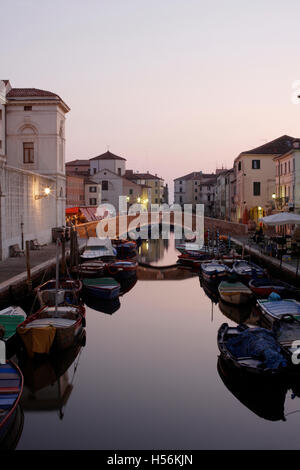 Boats on the Canale Vena canal, twilight, Chioggia, Lagoon, Veneto, Italy, Europe Stock Photo