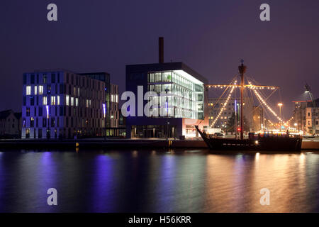 Traditional boat, Neuer Hafen Harbor, dusk, Bremerhaven, Bremen Stock Photo