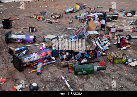 Remnants of fireworks, garbage, trash after New Year, Hamburg Stock Photo