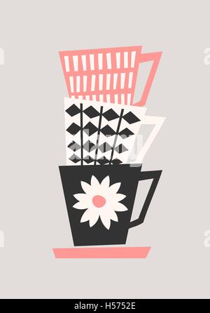 Mid-century style illustration of stacked coffee cups in black, pastel pink and cream on taupe background. Stock Vector