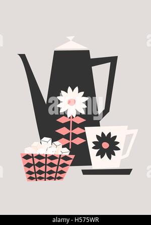 Mid-century style illustration of a coffee pot, a cup and a bowl of sugar cubes in black, pastel pink and cream. Stock Vector