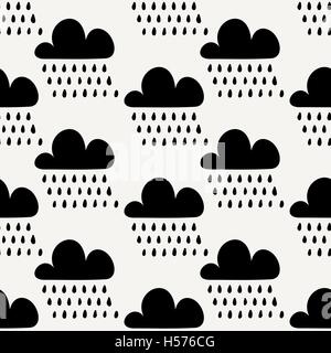 Seamless repeating pattern with black clouds and rainfall on cream background. Cute and modern wrapping paper, poster, textile. Stock Vector