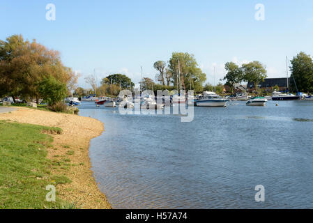 Boats moored on the River Stour, Mayors Mead, Christchurch, Dorset, England, UK Stock Photo