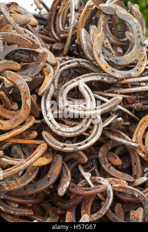 Horseshoes. Pile of used worn metal horseshoes. Outside a blacksmith farriers premises. Leicestershire. England. UK. Stock Photo