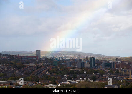 Sheffield, UK 19 Oct 2014: Rainbow over the city strikes Sheffield University Arts Tower on 19 Oct 14 from Meersbrook Park Stock Photo