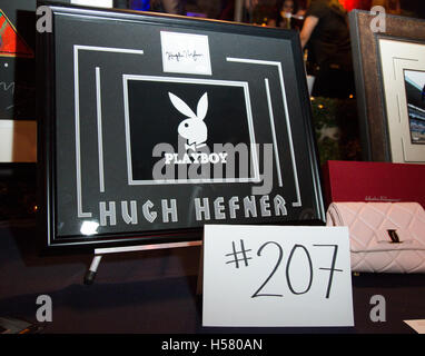 Hugh Hefner autograph memorabilia at the 2016 City Gala Fundraiser at The Playboy Mansion on February 15, 2016 in Los Angeles, California. Stock Photo