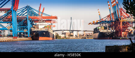 Panorama Container Ships, Loading at the Container Port Hamburg Stock Photo