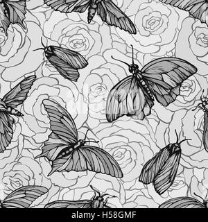 Vector seamless pattern with butterflies on roses. Stylish graphic texture. Monochrome repeating print Stock Vector