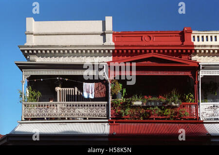 Ornate wrought-iron balconies, Rundle Street, corner of Union Street, Adelaide, South Australia Stock Photo