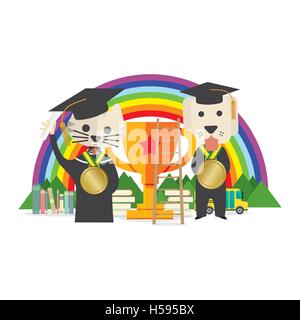 Cat And Dog Wearing Graduate Suite Pet Training Concept Vector Illustration Stock Vector