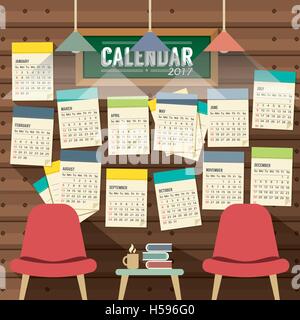 2017 Calendar Starts Sunday Library Concept Vector Illustration Stock Vector