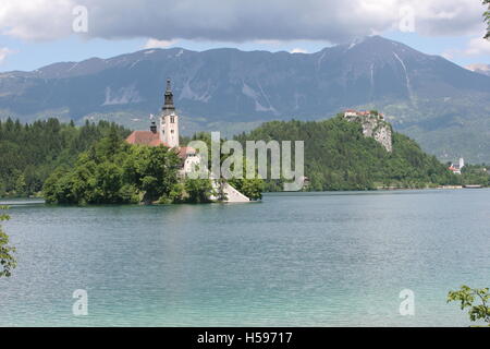 The Church of the Assumption on Bled Island in Lake Bled. One of the best known sights in the Slovenia, Eastern Europe. Stock Photo