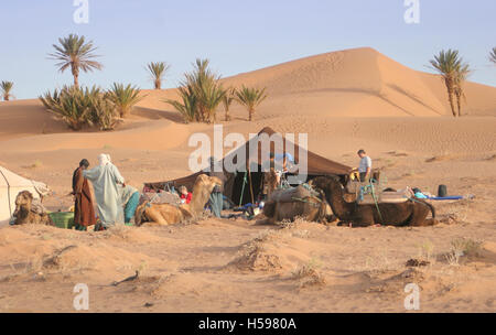 Camping in the Dunes. Camel trek in the Sahara Desert near Zagora in Southerm Morocco. Shows camels, tribesmen western tourists and Bedouin tent Stock Photo