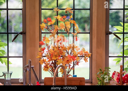 An arrangement of Acer branches and leaves on a cottage kitchen window Stock Photo