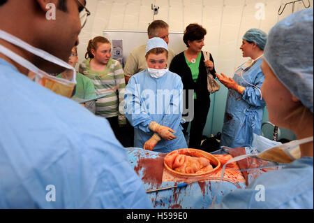 Schoolchildren invited to participate in a simulated surgical operation with a film and tv dummy made by the make-up and prosthe Stock Photo