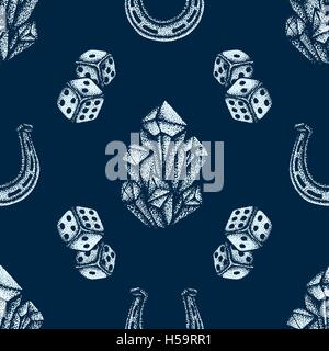 vector monochrome light blue color hand drawn engraving crystals dice horseshoe illustration on dark blue isolated background de Stock Vector