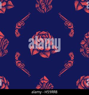 vector monochrome red color hand drawn engraving rose flower revolver pistols crystals illustration on dark blue isolated backgr Stock Vector
