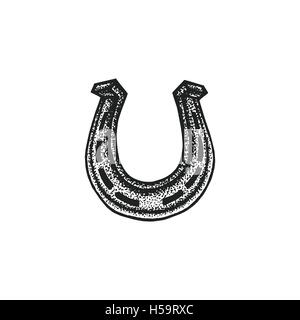vector black work tattoo dot art hand drawn engraving style horseshoe illustration isolated white background Stock Vector