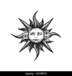 vector black work tattoo dot art hand drawn engraving style vintage sun face illustration isolated white background Stock Vector