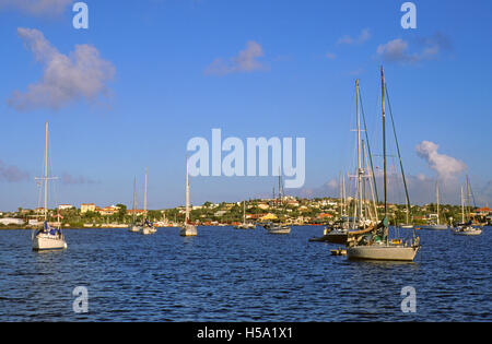 Curacao Island, sail boats moored at Spaanse Bay fjord, Caribbean Sea, Netherlands Antilles, Netherlands Caribbean Stock Photo