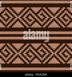 Seamless knitting geometrical vector pattern in brown and coffee colors as a knitted fabric texture Stock Vector