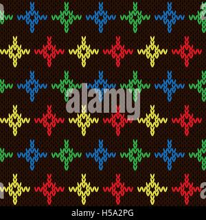 Seamless knitting geometrical vector pattern with color crosses over dark brown background as a knitted fabric texture Stock Vector