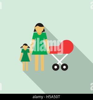 Mother with daughter and baby in red pram icon Stock Vector