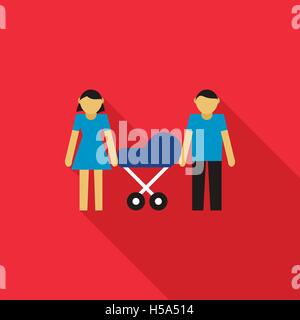 Couple with they newborn child in blue pram icon Stock Vector