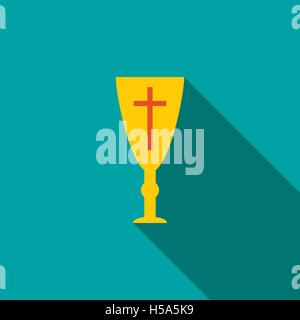 Golden holy chalice icon, flat style Stock Vector