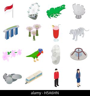 Singapore icons set, isometric 3d style Stock Vector