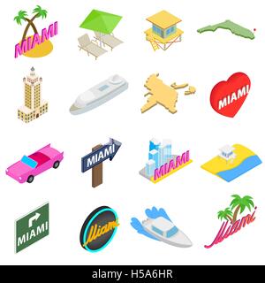 Miami icons set, isometric 3d style Stock Vector
